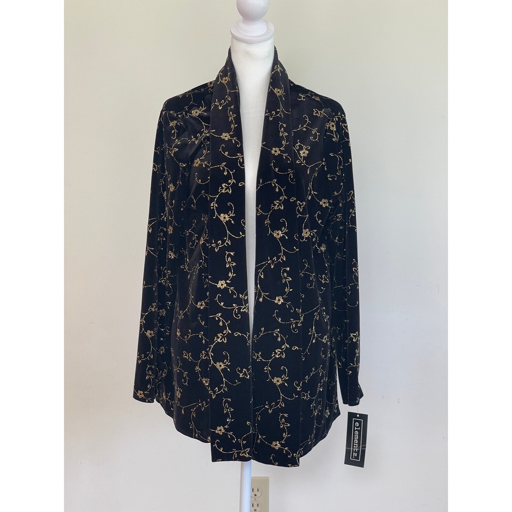 Elementz Womens Black Gold Glitter Velvet Floral Open Front Cardigan Jacket L